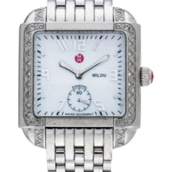 Michele Silver Bracelet Watch with White Face and Diamond Bezel